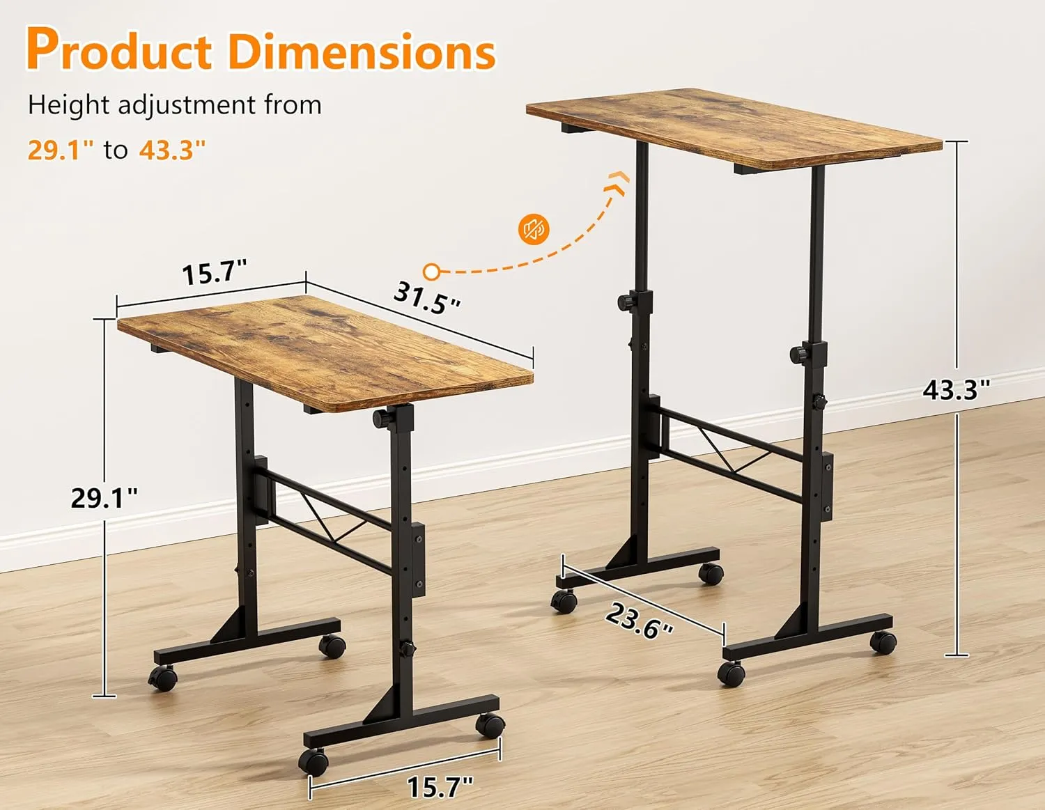 HOMIDEC Standing Desk, 32 Inch Portable Small Desk Adjustable Height, Rolling Home Office Desks with Wheels, Sit Stand Desk for Bedroom Walking Pad Home Office Small Space, Rustic