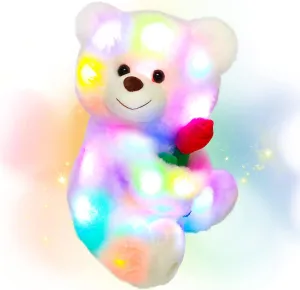 Hopearl LED Plush Teddy Bear with Rose Lighting Up Stuffed Animal Floppy Night Lights Glow in The Dark Birthday Valentine's Day for Kids Girls Toddlers, White, 11''