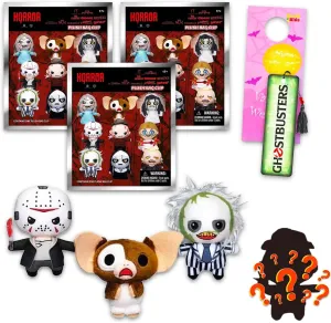Horror Movie Plush Blind Bags Set - Bundle with 3 Mini Plush Toys Featuring Beetlejuice, Friday The 13th, Annabelle, Gremlins, More Plus Stickers for Teens, Adults | Horror Blind Bags