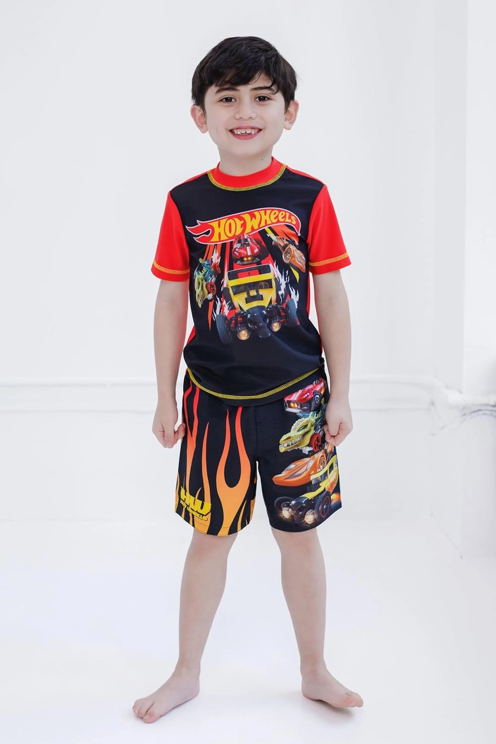 Hot Wheels UPF 50  Pullover Rash Guard and Swim Trunks Outfit Set Toddler to Big Kid
