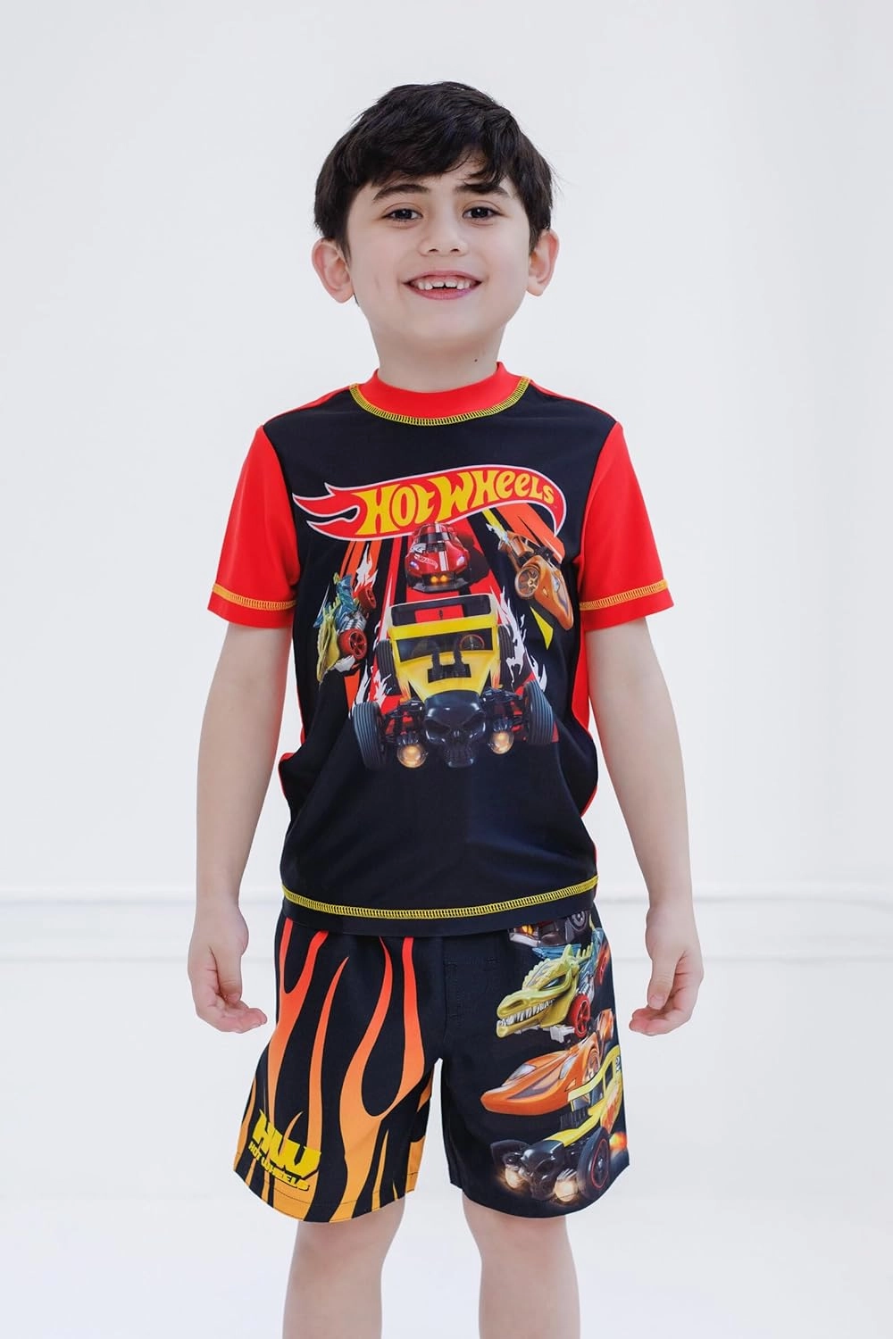 Hot Wheels UPF 50  Pullover Rash Guard and Swim Trunks Outfit Set Toddler to Big Kid