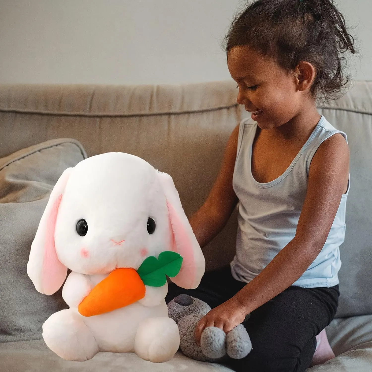 HOUPU Soft Toy - Sitting Lop Eared Rabbit, Easter White Rabbit Stuffed Bunny Animal with Carrot Soft Lovely Realistic Long-Eared Standing Pink Plush Toys (White-Carrot,8.6in/22cm)