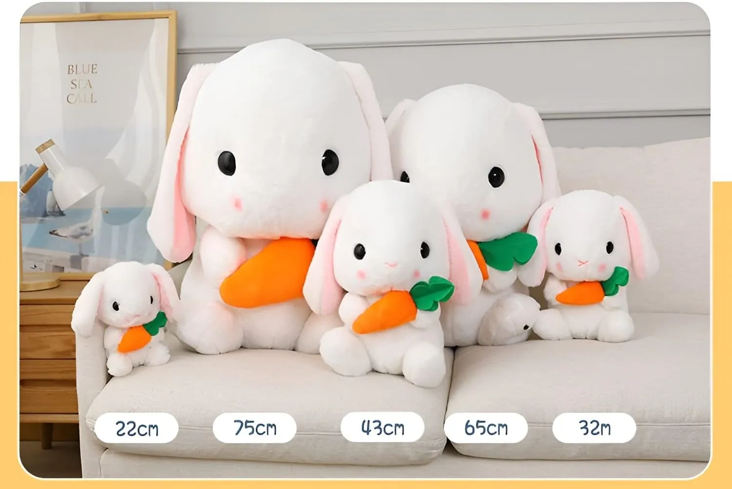 HOUPU Soft Toy - Sitting Lop Eared Rabbit, Easter White Rabbit Stuffed Bunny Animal with Carrot Soft Lovely Realistic Long-Eared Standing Pink Plush Toys (White-Carrot,8.6in/22cm)