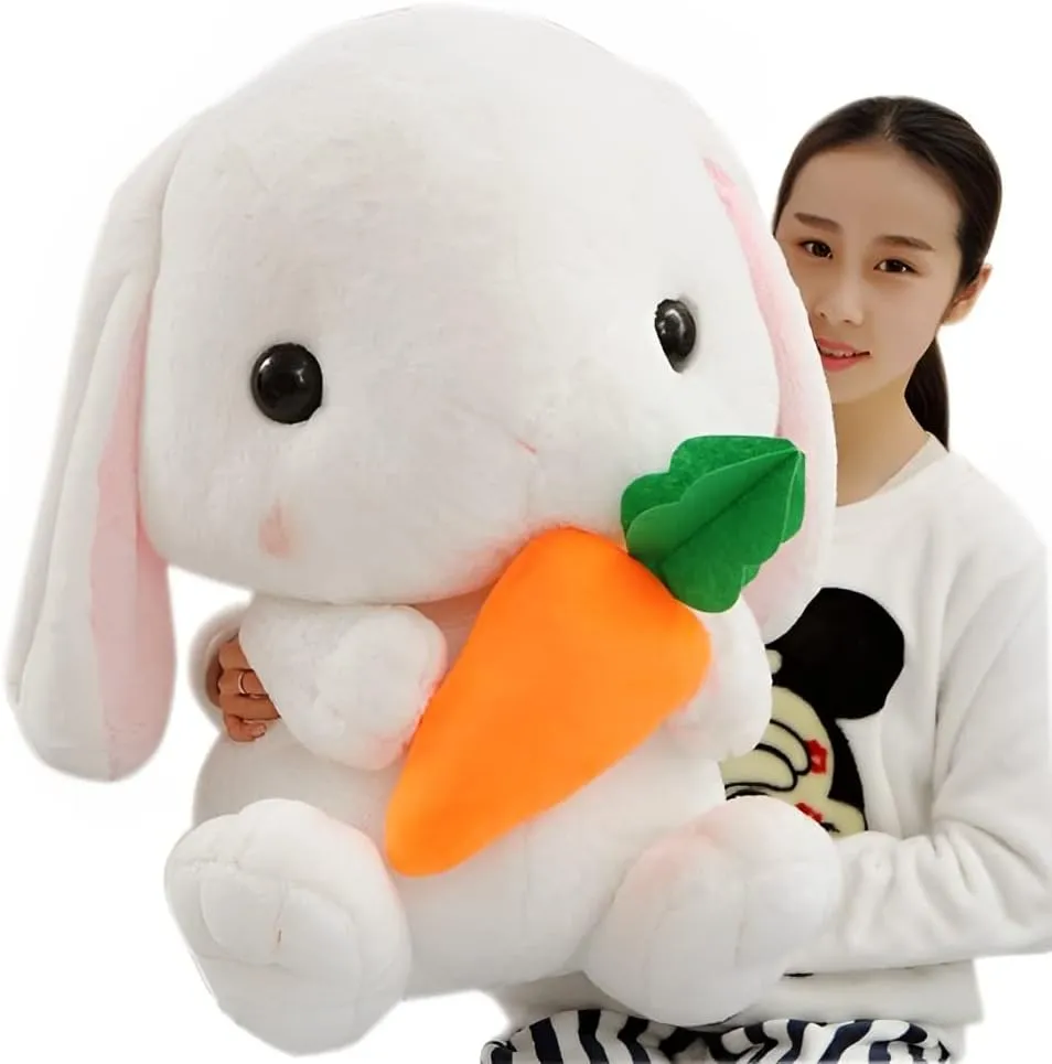 HOUPU Soft Toy - Sitting Lop Eared Rabbit, Easter White Rabbit Stuffed Bunny Animal with Carrot Soft Lovely Realistic Long-Eared Standing Pink Plush Toys (White-Carrot,8.6in/22cm)