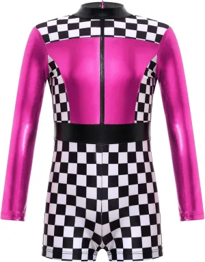 Hularka Kids Girls Race Car Driver Costume Halloween Racing Cosplay Outfits Checkerboard Print Racer Jumpsuit