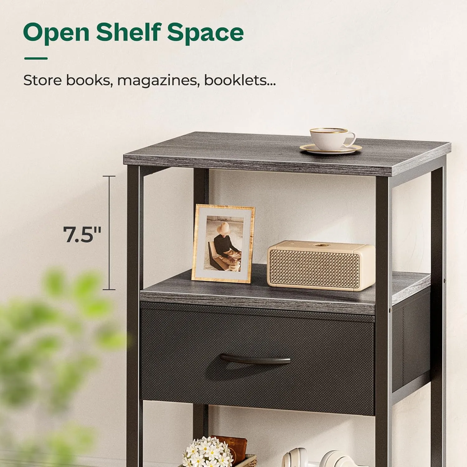 Huuger Night Stand with Fabric Drawer, Side Table with Mesh Shelf, Bedroom Nightstand, Fabric Drawer Dresser, Open Shelf, Metal Frame, Couch Side, Charcoal Gray