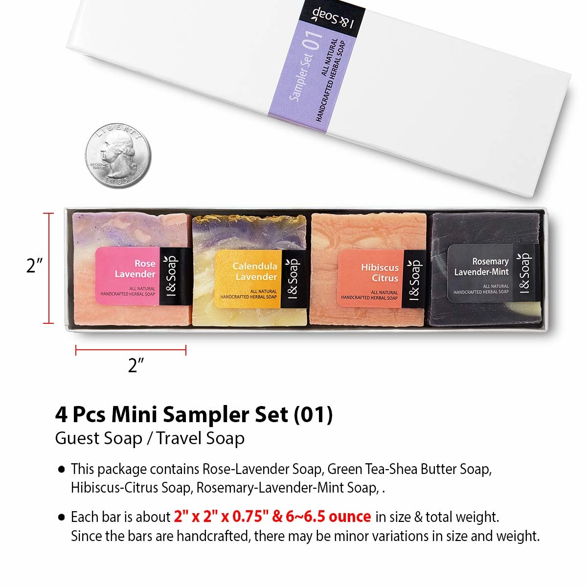 I & SOAP, 4pcs Mini Sampler Set (01) - Guest Soap - Travel Soap - 100% Natural & Organic Materials - Handcrafted Herbal Soap - Gentle and Effective Facial, Hand and Body Cleansing Soap Bars.