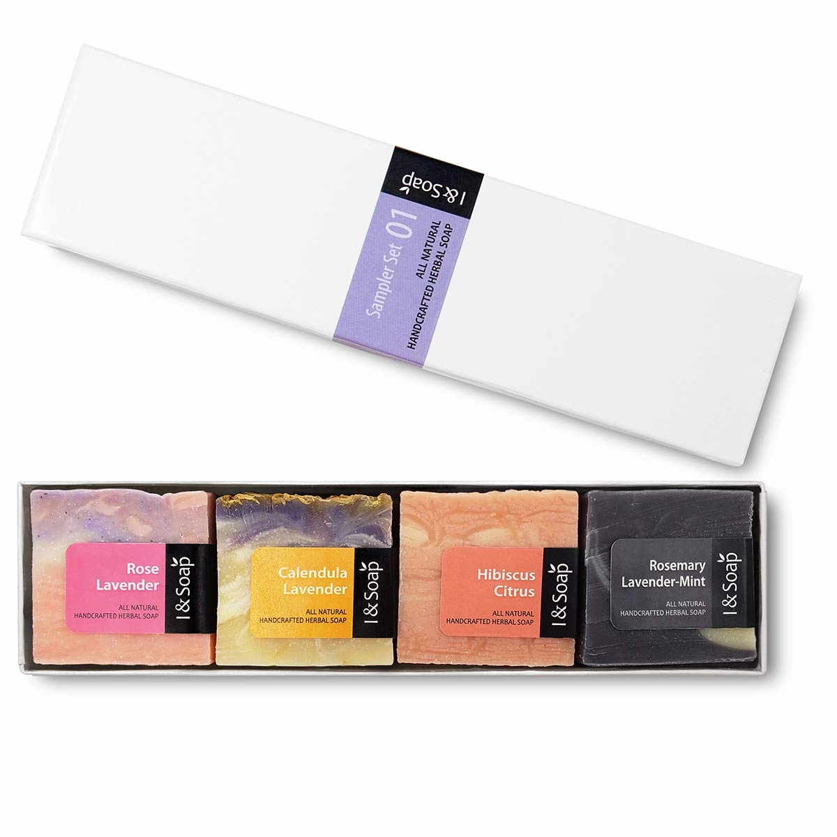 I & SOAP, 4pcs Mini Sampler Set (01) - Guest Soap - Travel Soap - 100% Natural & Organic Materials - Handcrafted Herbal Soap - Gentle and Effective Facial, Hand and Body Cleansing Soap Bars.