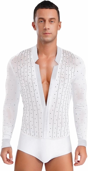 iiniim Men's Latin Dance Leotard Deep V-neck Velvet Patchwork Rhinestones Bodysuit Ballroom Salsa Samba Tops Shirt