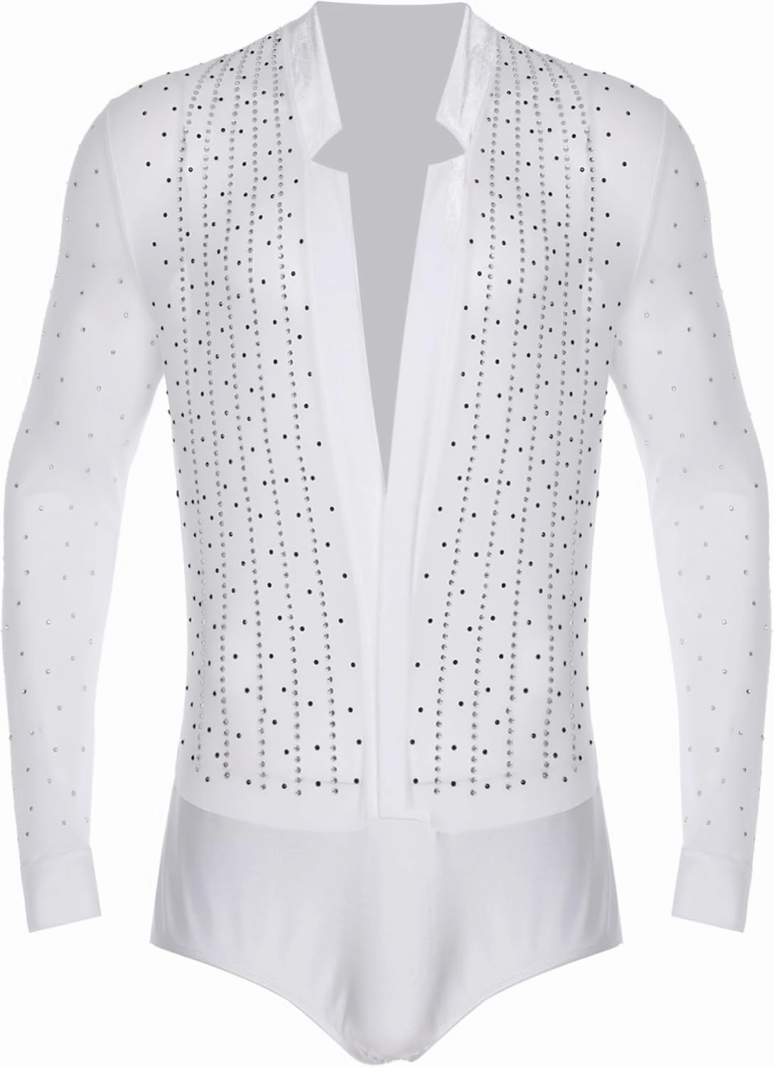 iiniim Men's Latin Dance Leotard Deep V-neck Velvet Patchwork Rhinestones Bodysuit Ballroom Salsa Samba Tops Shirt