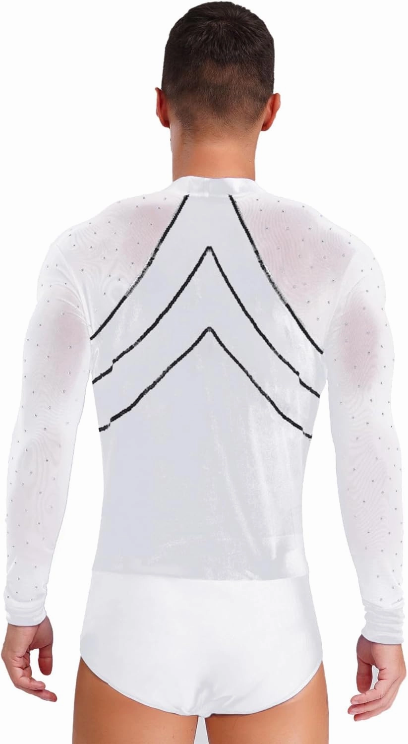 iiniim Men's Latin Dance Leotard Deep V-neck Velvet Patchwork Rhinestones Bodysuit Ballroom Salsa Samba Tops Shirt