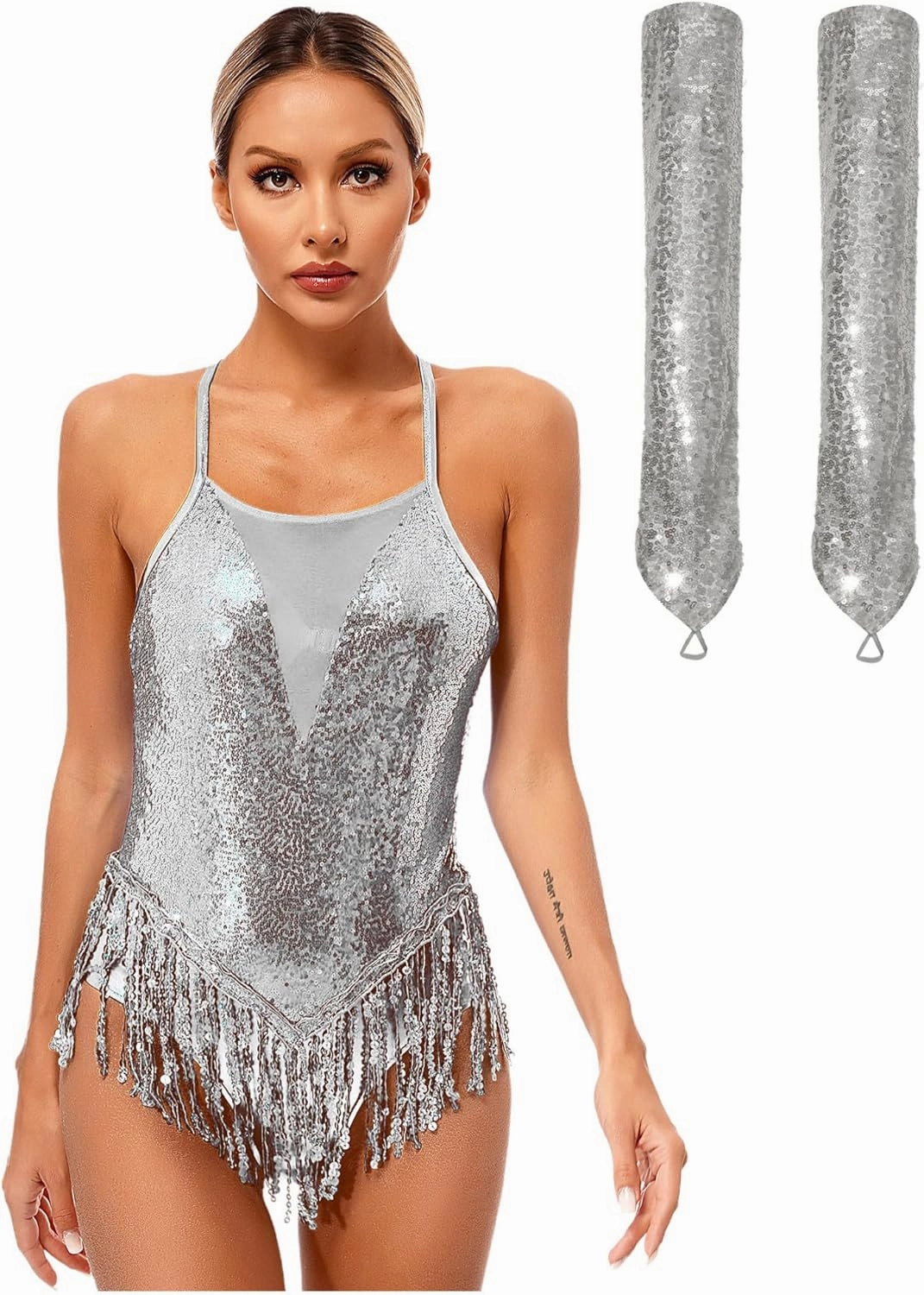 iiniim Women Latin Dance Leotards 2Pcs Outfit Fringe Samba Dress Leotard Costume with Gloves Tango Rumba Outfit