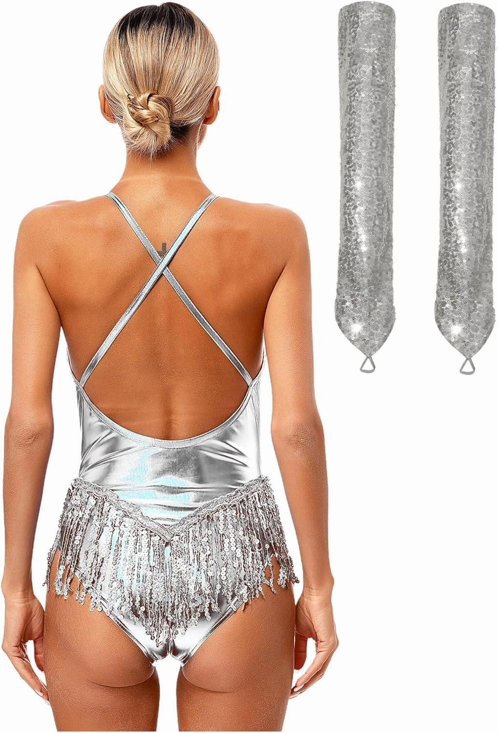 iiniim Women Latin Dance Leotards 2Pcs Outfit Fringe Samba Dress Leotard Costume with Gloves Tango Rumba Outfit