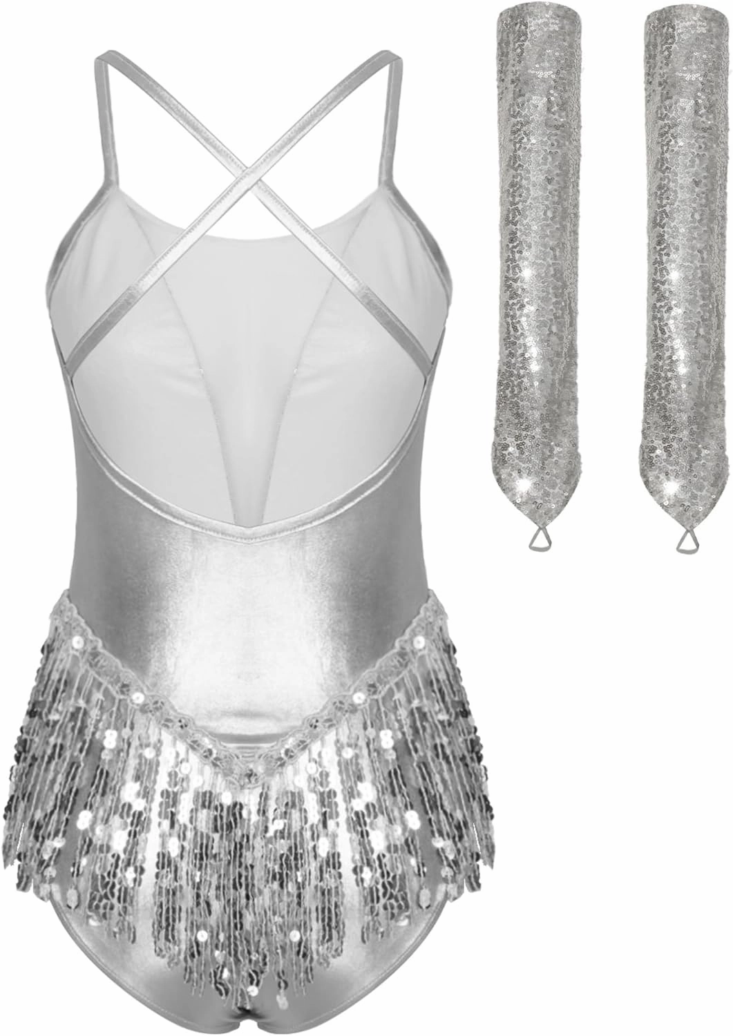 iiniim Women Latin Dance Leotards 2Pcs Outfit Fringe Samba Dress Leotard Costume with Gloves Tango Rumba Outfit