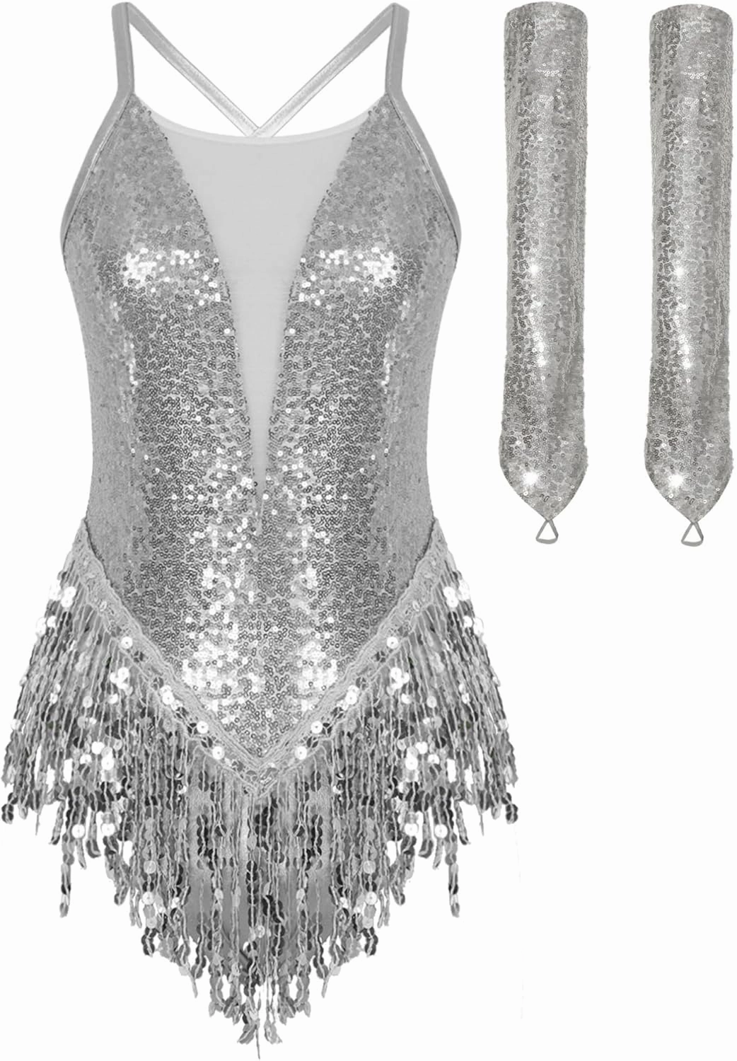 iiniim Women Latin Dance Leotards 2Pcs Outfit Fringe Samba Dress Leotard Costume with Gloves Tango Rumba Outfit