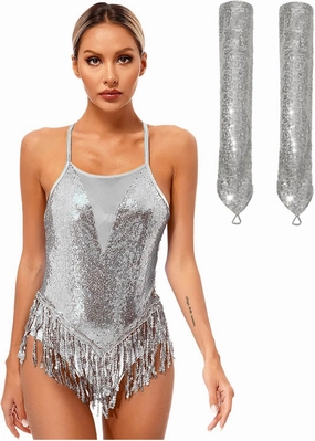 iiniim Women Latin Dance Leotards 2Pcs Outfit Fringe Samba Dress Leotard Costume with Gloves Tango Rumba Outfit