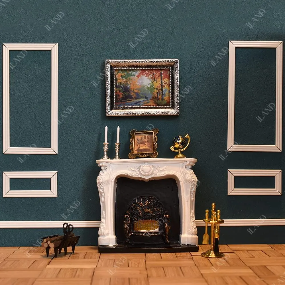 iLAND Dollhouse Furniture and Accessories of Dollhouse Fireplace on 1/12 Scale w/Fire Light & Fireplace Tools & Tong & Firewood Rack (Rococo 4pcs)