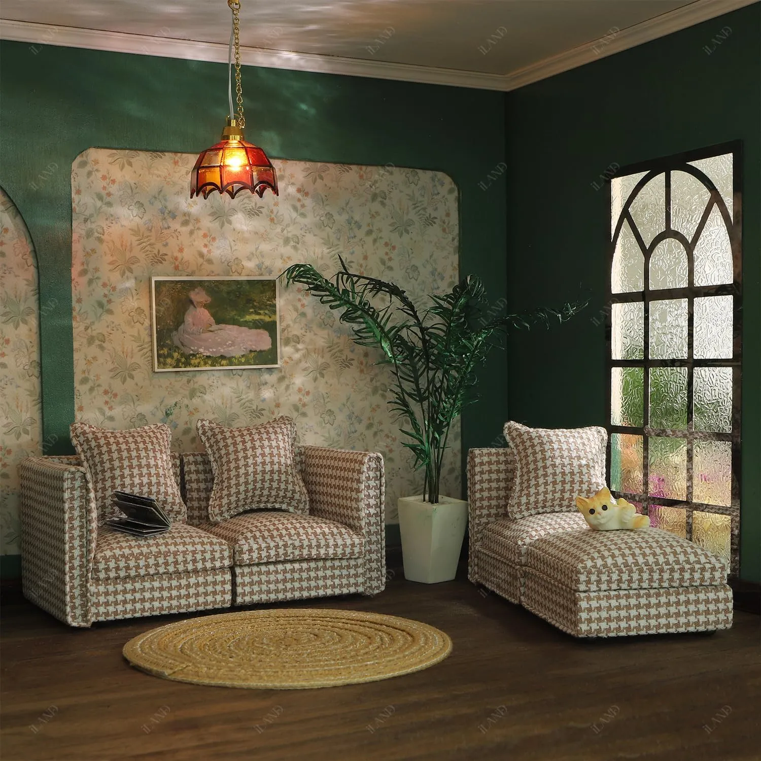iLAND Dollhouse Furniture Miniature Sectional Couch Set for Doll House Décor Fit 1/12 Scale Accessories, Modern Brown Houndstooth Sofa Timeless & Classic