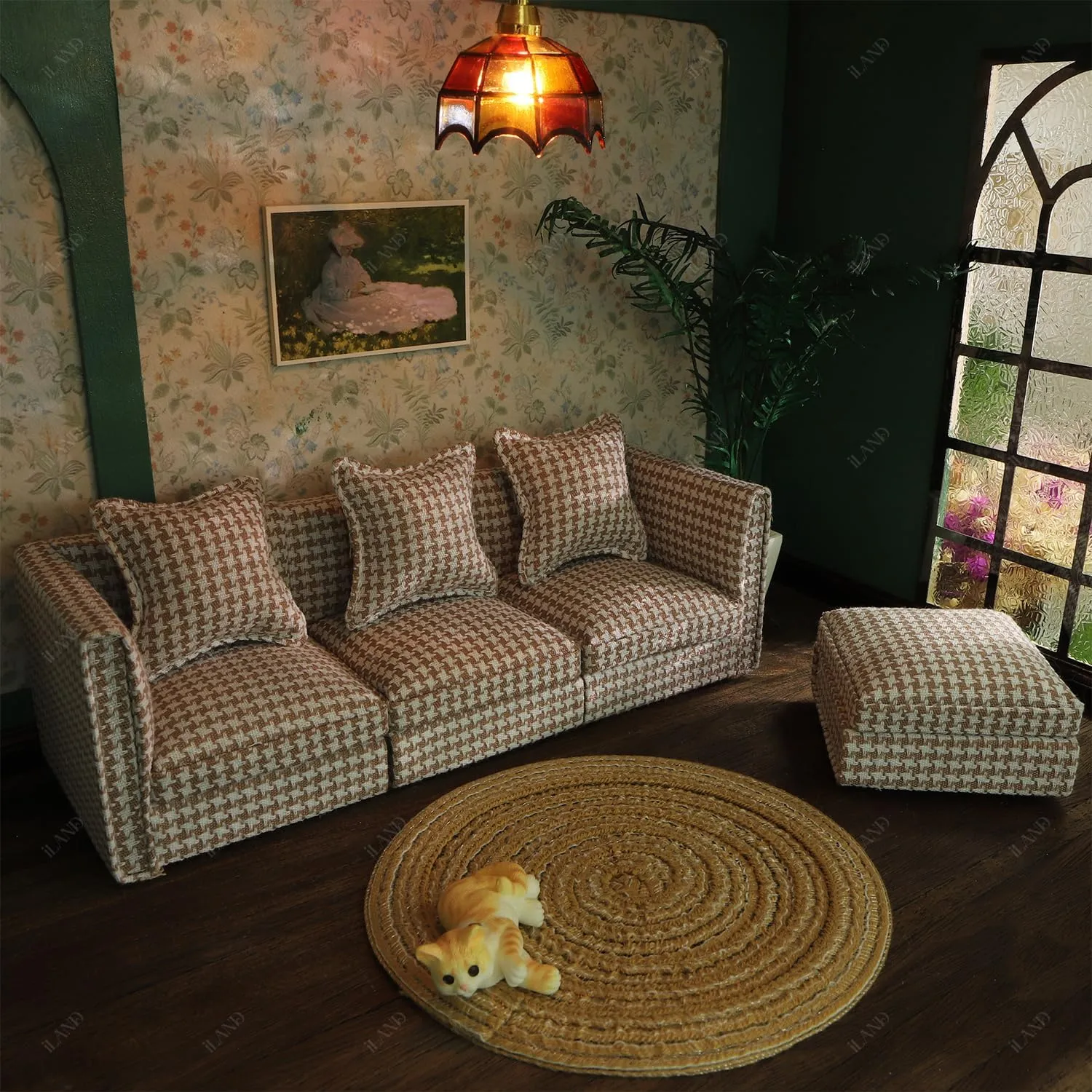 iLAND Dollhouse Furniture Miniature Sectional Couch Set for Doll House Décor Fit 1/12 Scale Accessories, Modern Brown Houndstooth Sofa Timeless & Classic
