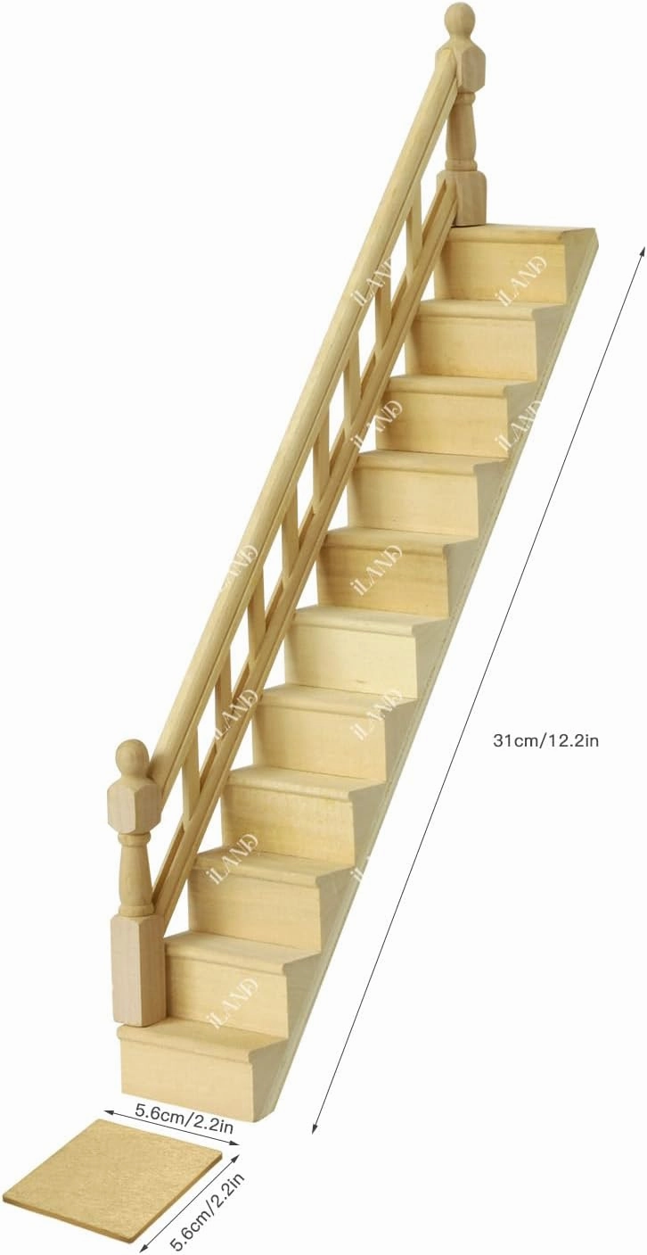 iLAND Miniature Dollhouse Stairs, 1/12 Scale Accessories, Wooden 2 Sets Adjustable with Handrails & Corner Boards