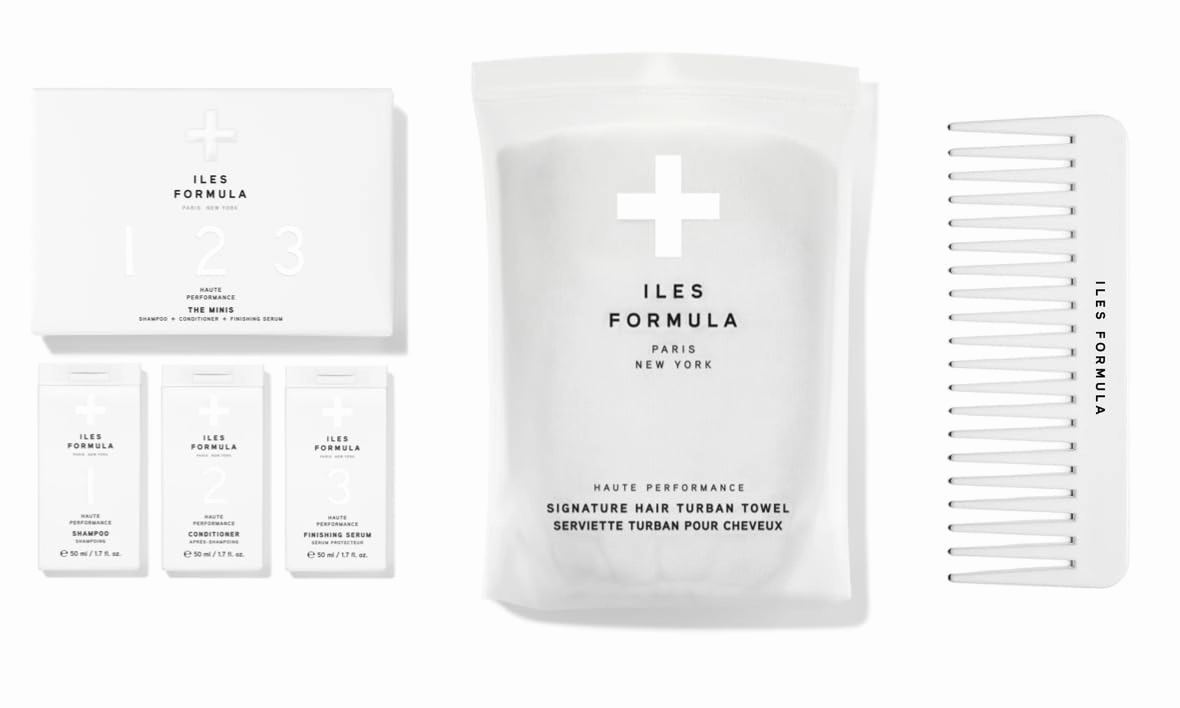 Iles Formula Limited Travel Edition Hair Care Set with Mini Shampoo, Conditioner, Finishing Serum, Comb, & Absorbent Turban Hair Towel, Travel-Friendly