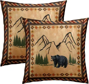 Imiss Bear Brown Throw Pillow Covers 18 x 18 Inch Set of 2 Rustic Cabin Green Forest Mountain Pillow Cover Boho Style Decorative Soft Cotton Cushion for Home Couch Sofa Porch