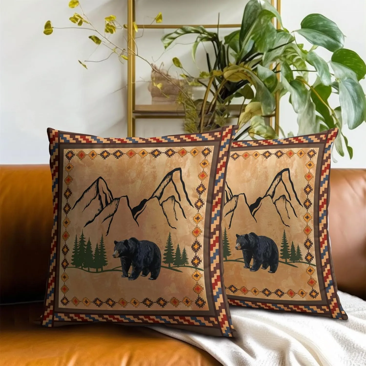 Imiss Bear Brown Throw Pillow Covers 18 x 18 Inch Set of 2 Rustic Cabin Green Forest Mountain Pillow Cover Boho Style Decorative Soft Cotton Cushion for Home Couch Sofa Porch