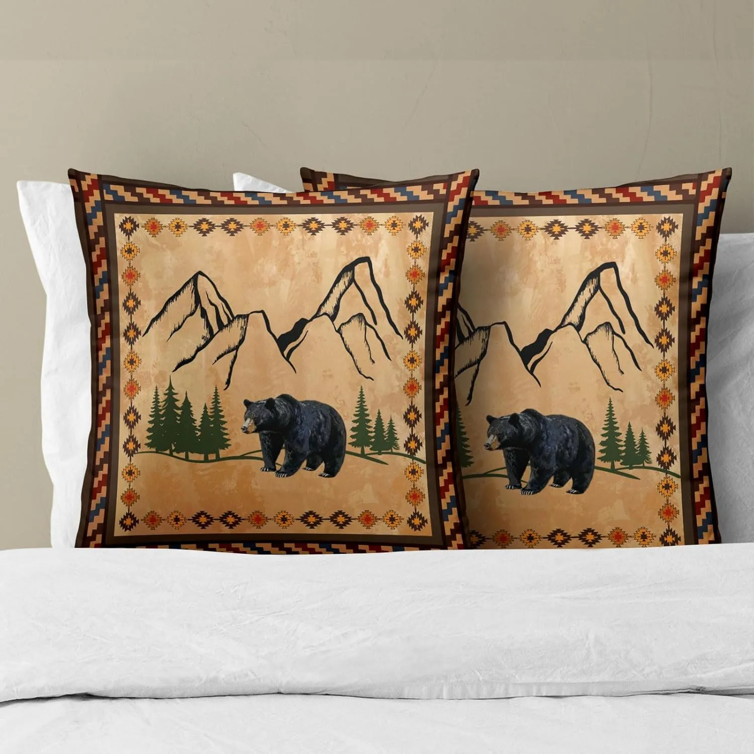 Imiss Bear Brown Throw Pillow Covers 18 x 18 Inch Set of 2 Rustic Cabin Green Forest Mountain Pillow Cover Boho Style Decorative Soft Cotton Cushion for Home Couch Sofa Porch