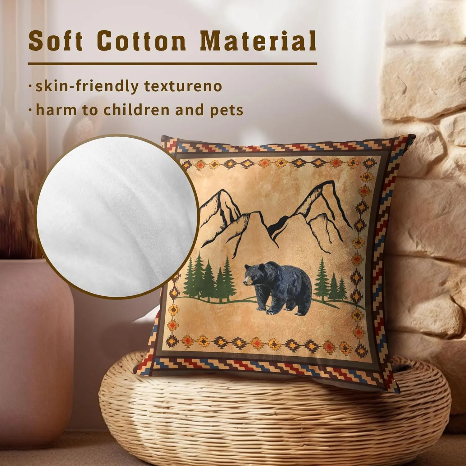 Imiss Bear Brown Throw Pillow Covers 18 x 18 Inch Set of 2 Rustic Cabin Green Forest Mountain Pillow Cover Boho Style Decorative Soft Cotton Cushion for Home Couch Sofa Porch