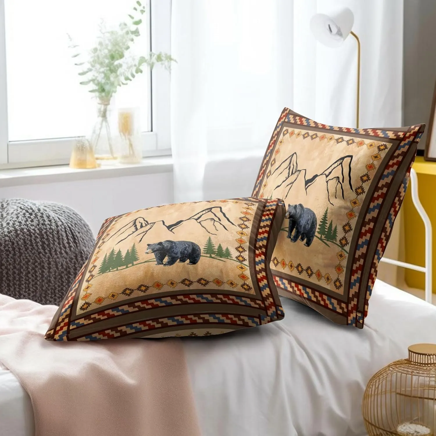 Imiss Bear Brown Throw Pillow Covers 18 x 18 Inch Set of 2 Rustic Cabin Green Forest Mountain Pillow Cover Boho Style Decorative Soft Cotton Cushion for Home Couch Sofa Porch