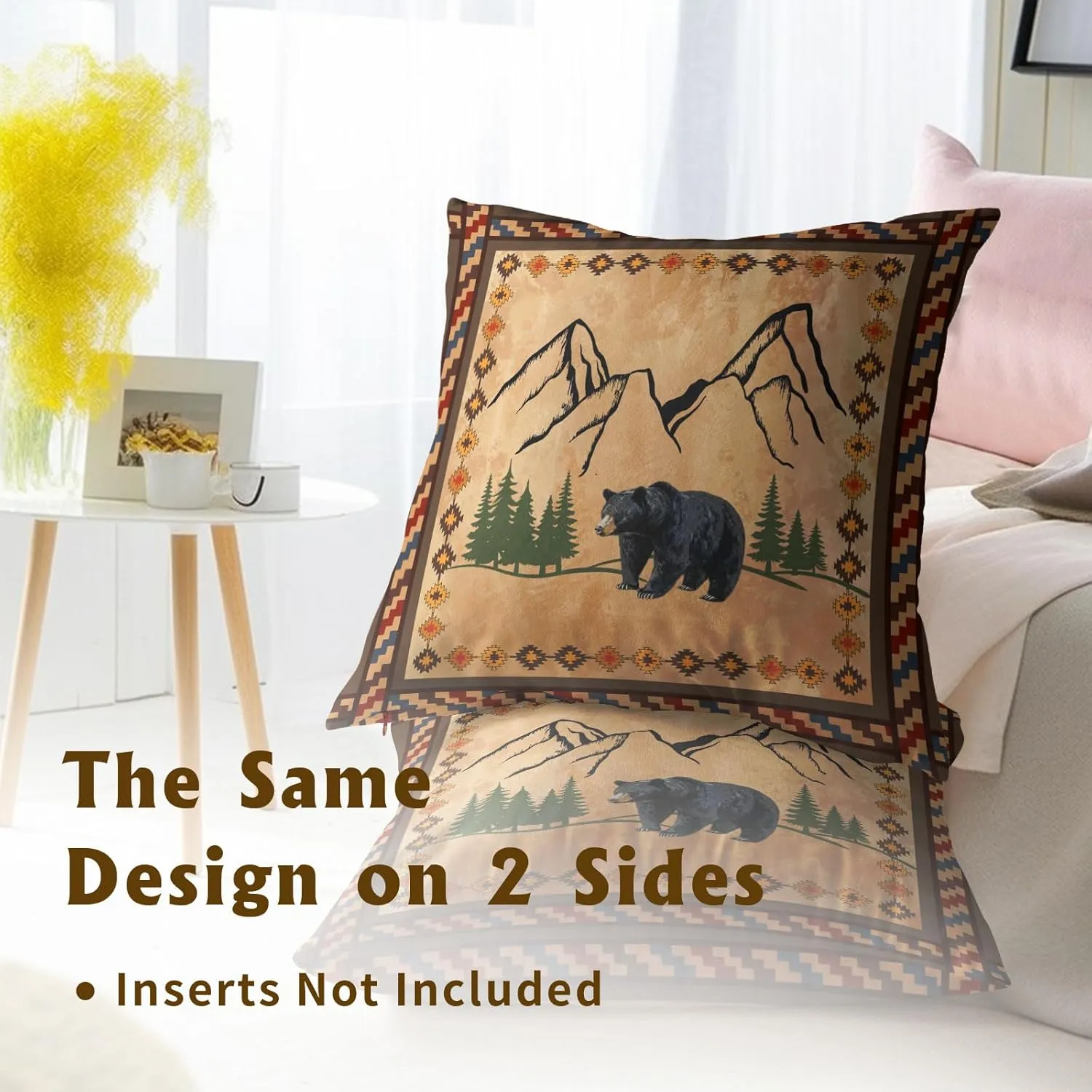 Imiss Bear Brown Throw Pillow Covers 18 x 18 Inch Set of 2 Rustic Cabin Green Forest Mountain Pillow Cover Boho Style Decorative Soft Cotton Cushion for Home Couch Sofa Porch