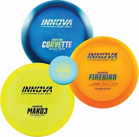 Innova Discs Golf Set 3 Pack – Professional Disc Golf Set with Disc Golf Driver, Mid-Range, Disc Golf Putter Champion Mako3, Champion Firebird, Champion Corvette and Mini