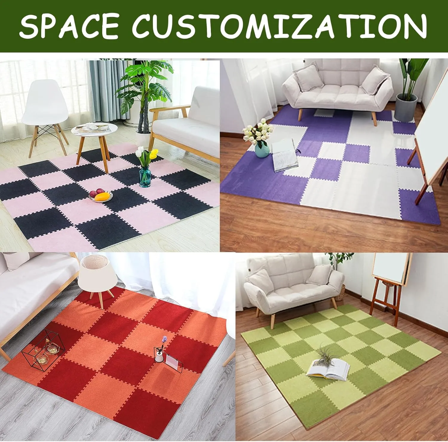 Interlocking Carpet Tiles,Short Pile Foam Square Floor Mats Set,Puzzle Floor Mat for Living Room,Bedroom and Hard Floor,14 Tiles-15 Sq.Ft,Black