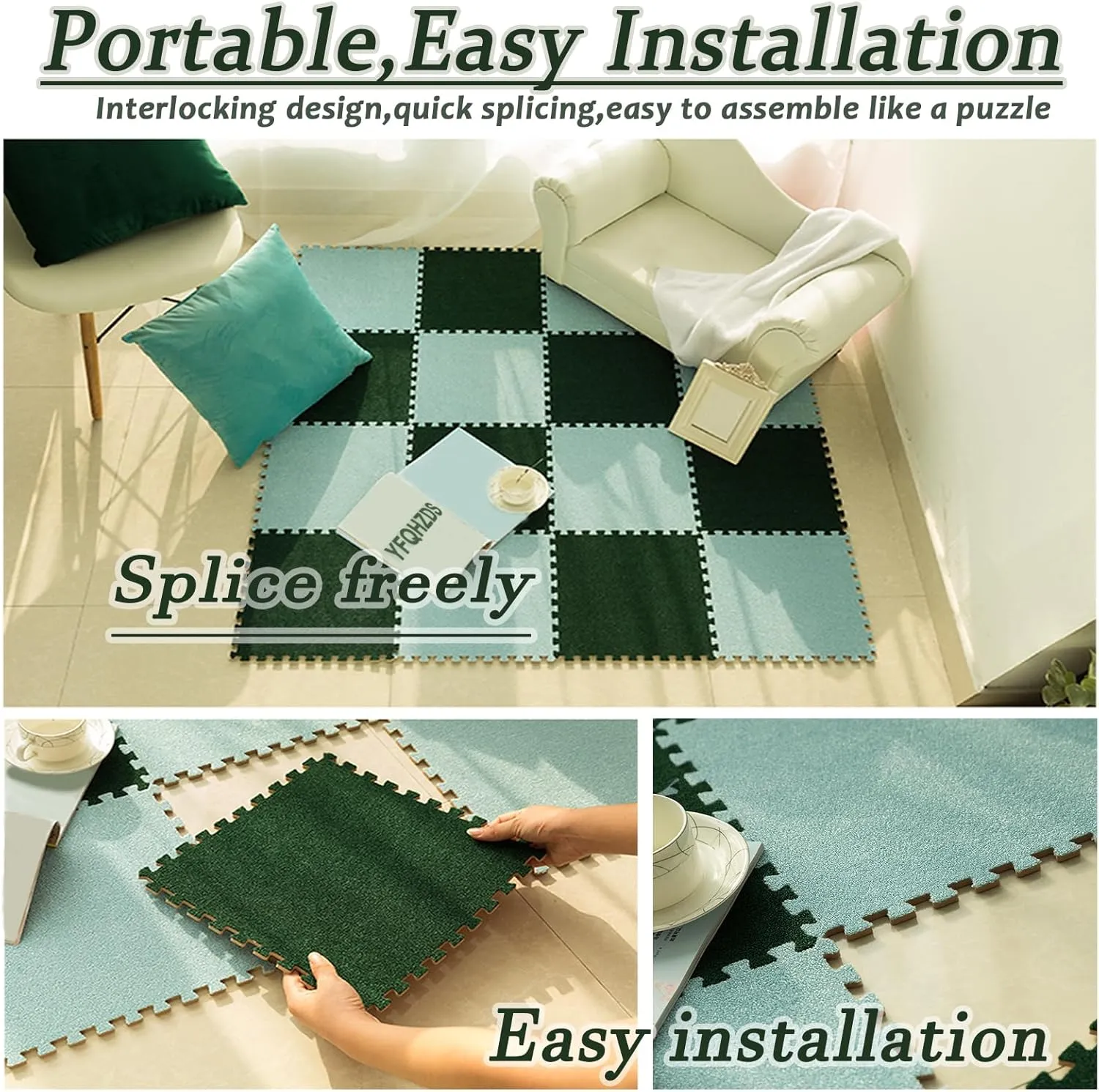 Interlocking Carpet Tiles,Short Pile Foam Square Floor Mats Set,Puzzle Floor Mat for Living Room,Bedroom and Hard Floor,14 Tiles-15 Sq.Ft,Black
