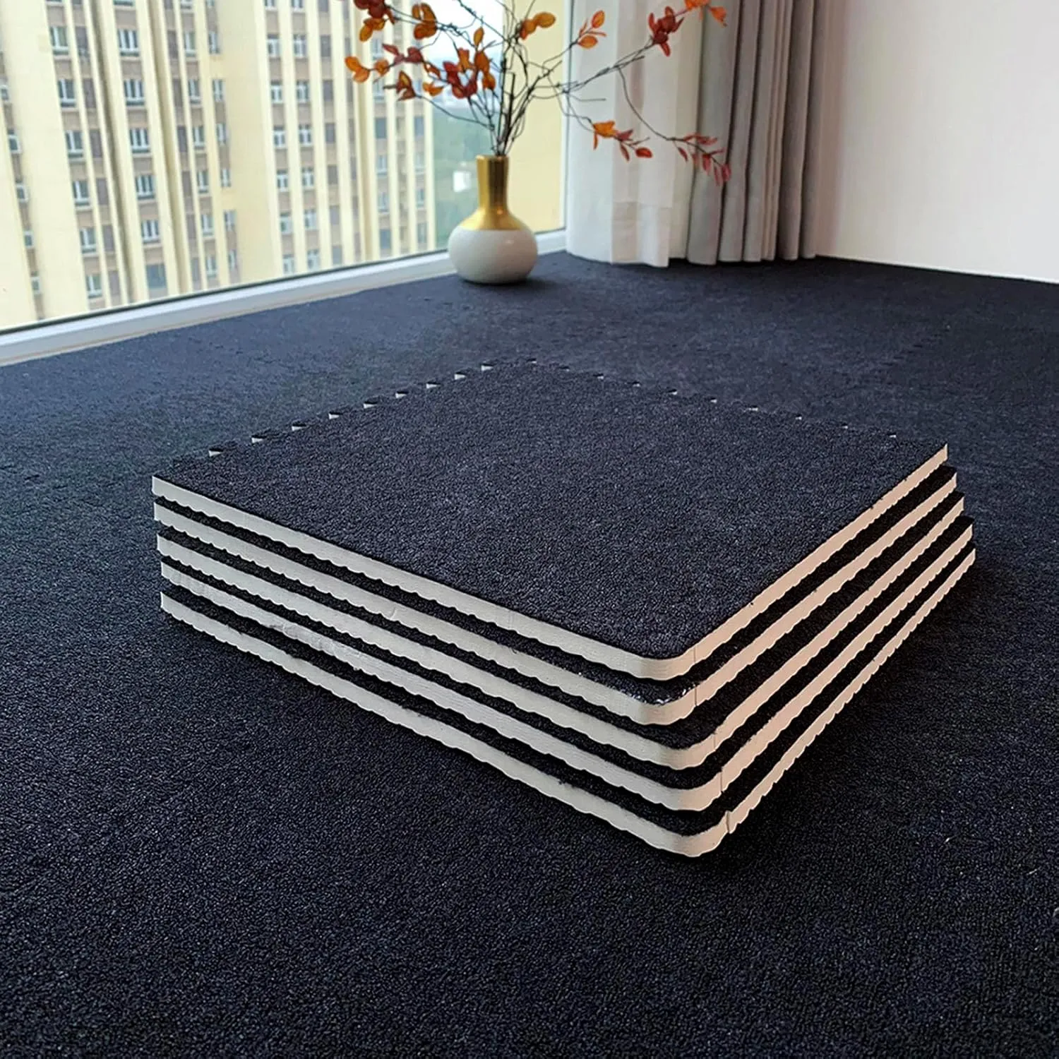 Interlocking Carpet Tiles,Short Pile Foam Square Floor Mats Set,Puzzle Floor Mat for Living Room,Bedroom and Hard Floor,14 Tiles-15 Sq.Ft,Black