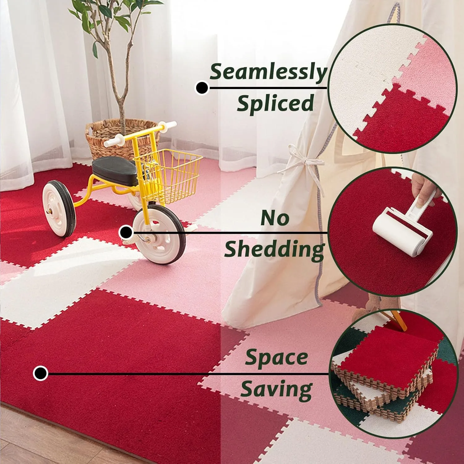 Interlocking Carpet Tiles,Short Pile Foam Square Floor Mats Set,Puzzle Floor Mat for Living Room,Bedroom and Hard Floor,14 Tiles-15 Sq.Ft,Black