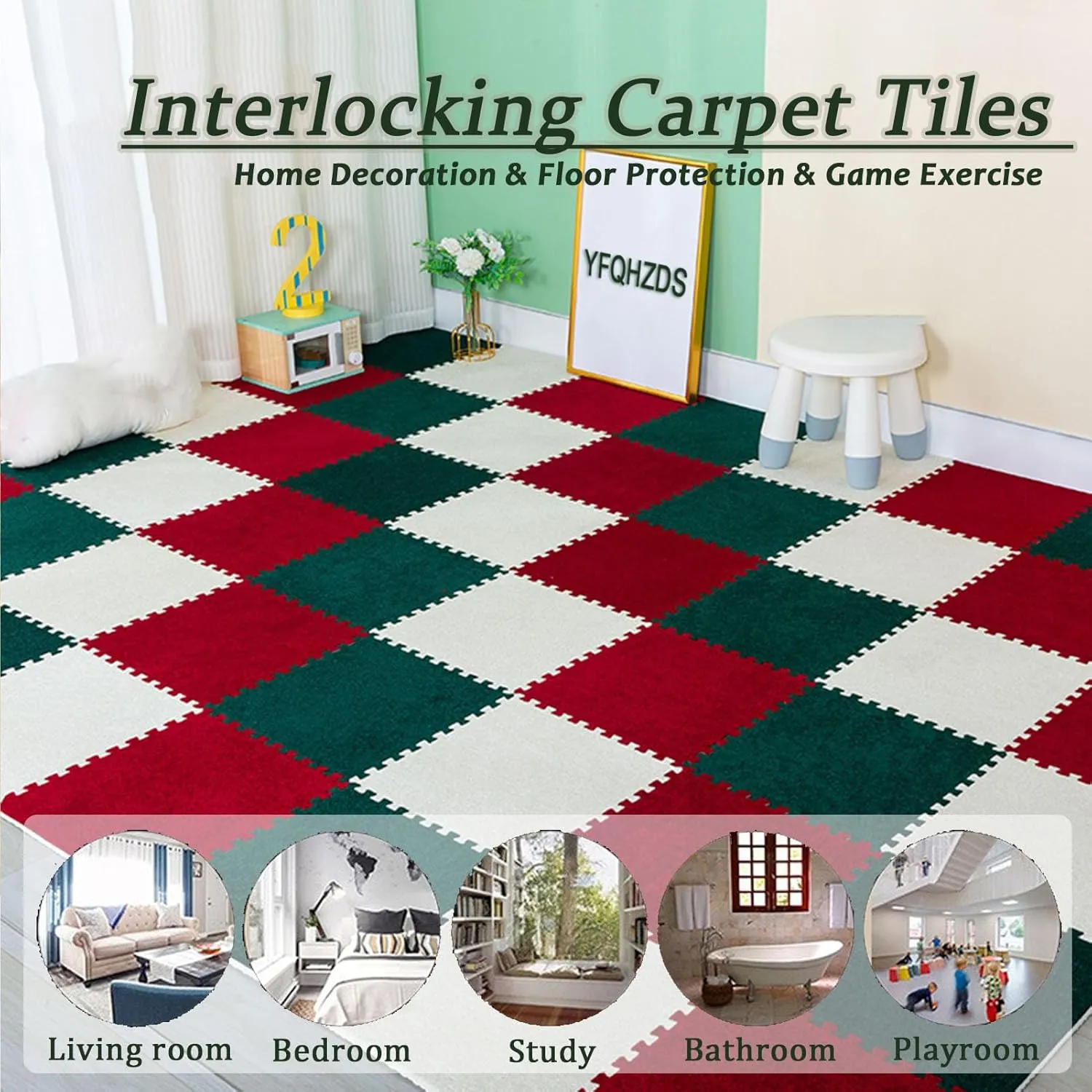Interlocking Carpet Tiles,Short Pile Foam Square Floor Mats Set,Puzzle Floor Mat for Living Room,Bedroom and Hard Floor,14 Tiles-15 Sq.Ft,Black