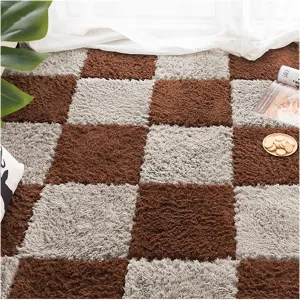 Interlocking Foam Play Mat - 16 Pcs Fluffy Area Rug Puzzle Tiles for Living Room & Bedroom - Soft Crawling Mats, Square Plush Design, 12x12 inch,，Grey Dark Coffee