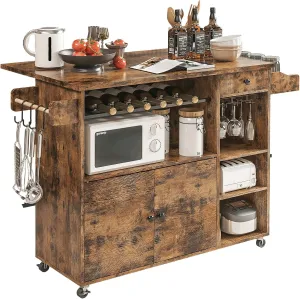 IRONCK Rolling Kitchen Island Cart with Drop-Leaf and Wine Rack, Microwave Rack Serving Cart on Wheels with Drawer & Shelves & Spice Rack & Cup Hanging, Vintage Brown