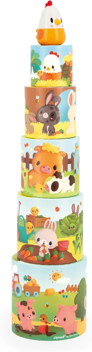 Janod - My First Pyramid - Farm Animals - Early-Learning Toy - 5 Stacking Cubes   1 Wooden Hen - Develops Dexterity and Imagination - 12 Months  , J03310