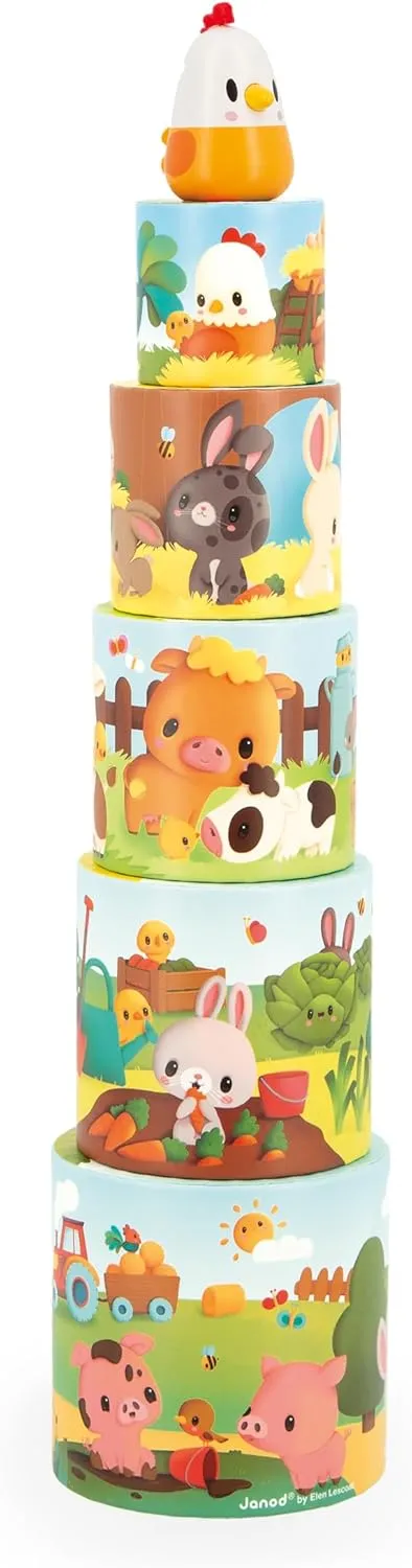 Janod - My First Pyramid - Farm Animals - Early-Learning Toy - 5 Stacking Cubes   1 Wooden Hen - Develops Dexterity and Imagination - 12 Months  , J03310