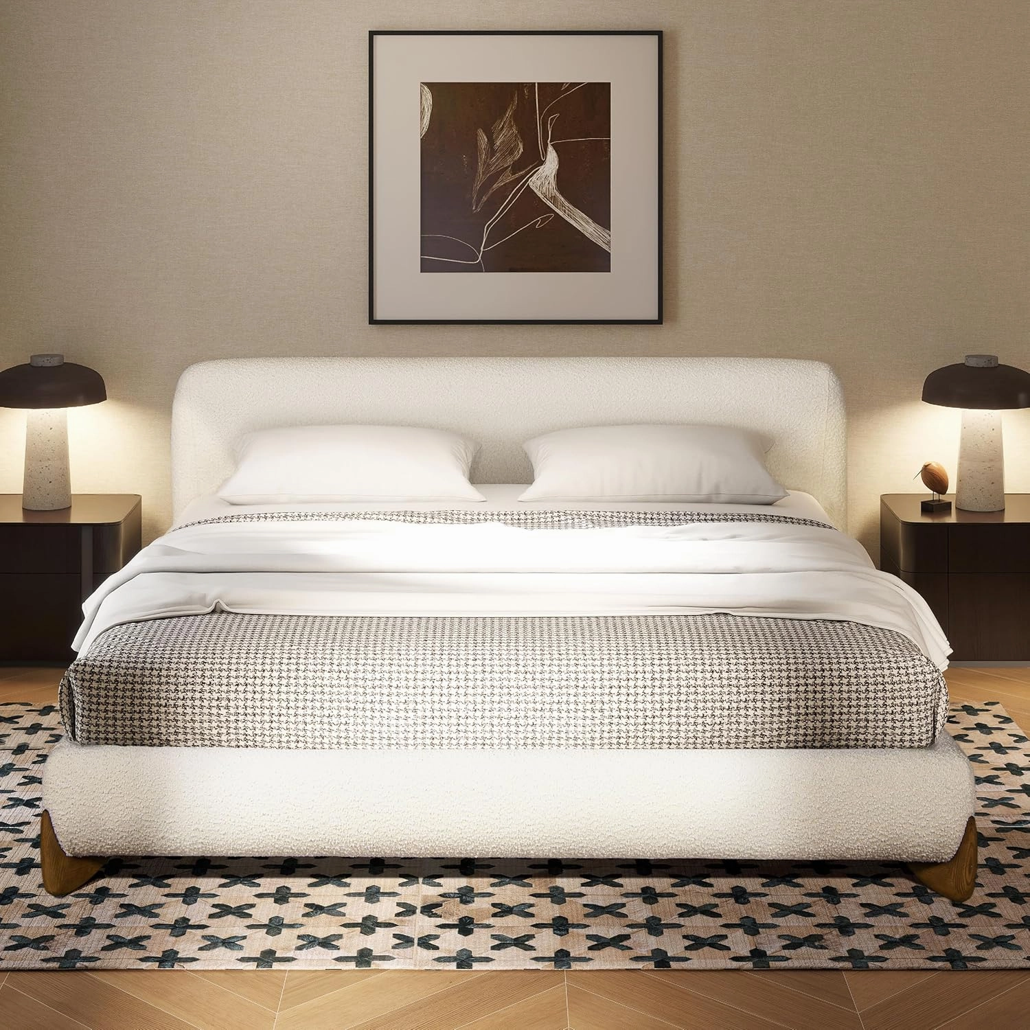 Jennifer Taylor Home Alpine Puffy Modern Platform Bed, King, Ivory White Boucle