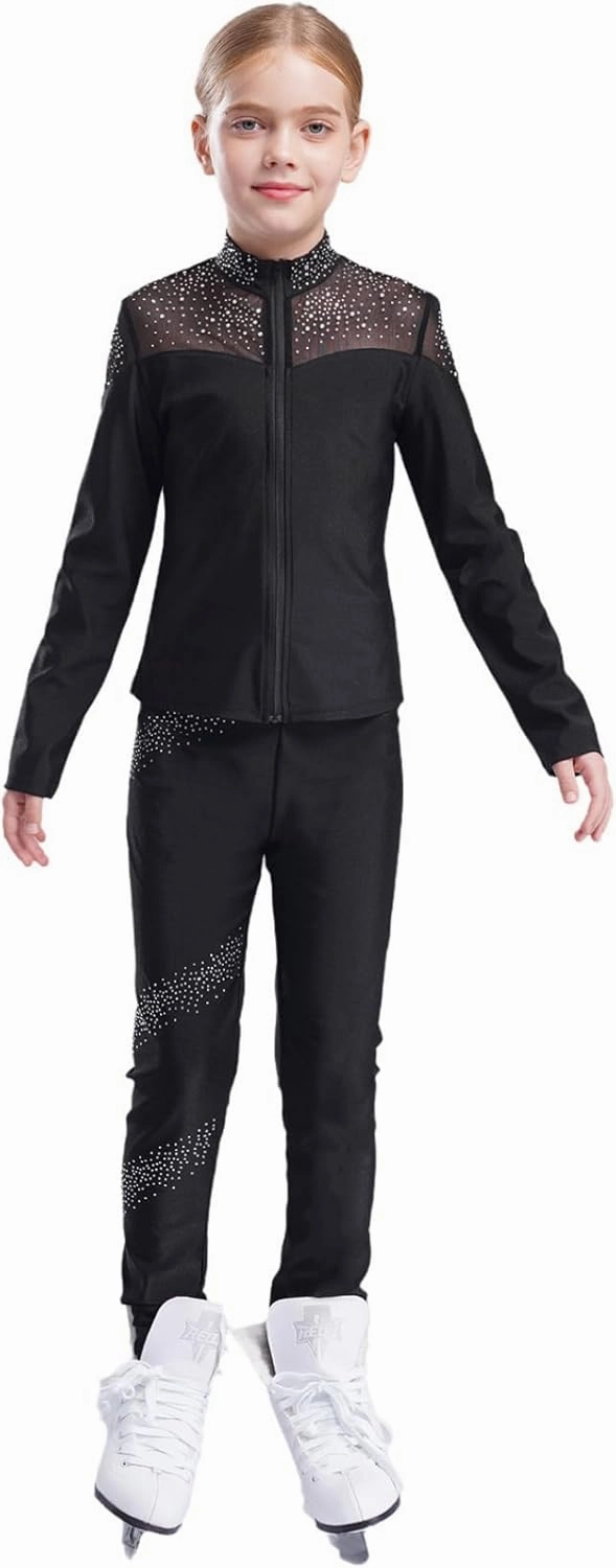 JEYPINMI Big Girl's Gym Training Suit Ice Skating Jacket with Figure Skating Leggings Sports Workout