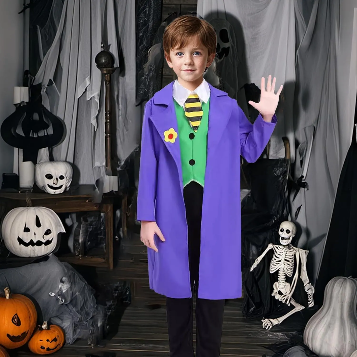 Joker Costume for Kids 4PCS Dark Knight Costume with Joker Mask Horror Clown Mask Halloween Costume Cosplay Props