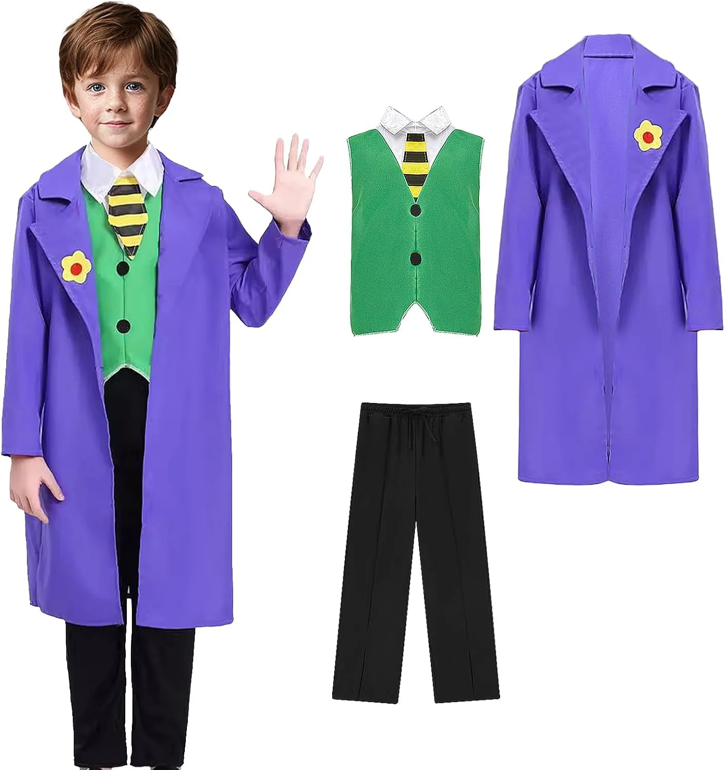 Joker Costume for Kids 4PCS Dark Knight Costume with Joker Mask Horror Clown Mask Halloween Costume Cosplay Props
