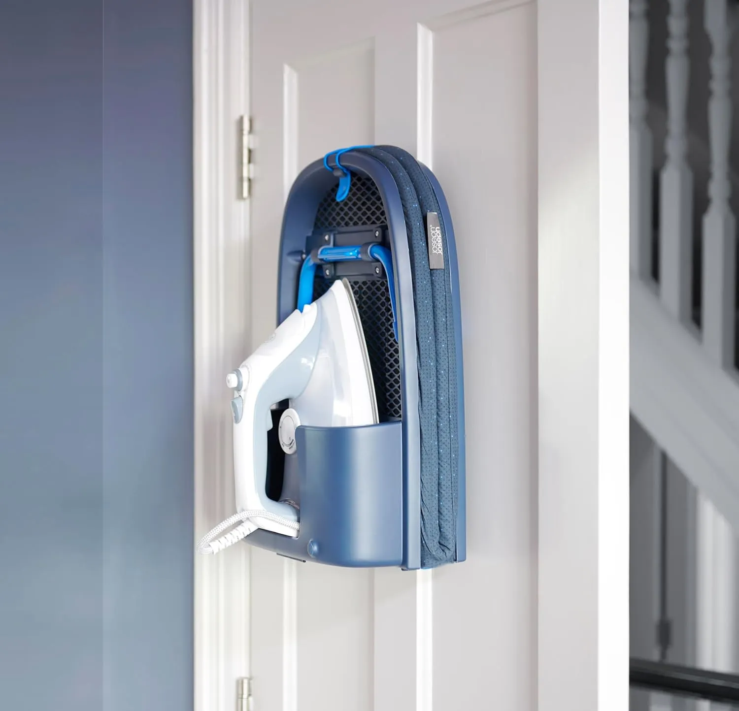 Joseph Joseph Pocket Plus Folding Space saving Compact Tabletop Ironing Board with Iron Holder and wall mount, Blue/Black
