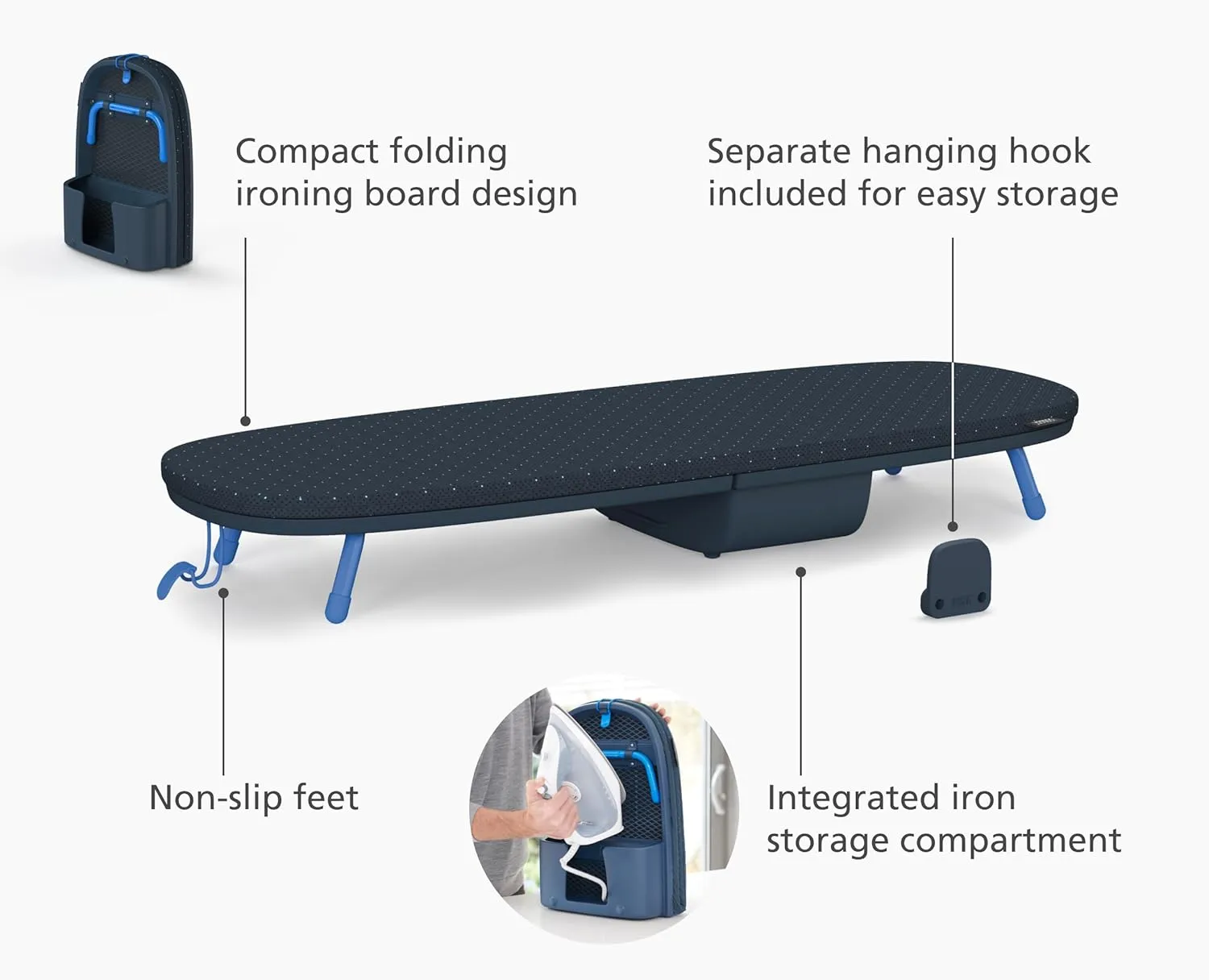 Joseph Joseph Pocket Plus Folding Space saving Compact Tabletop Ironing Board with Iron Holder and wall mount, Blue/Black