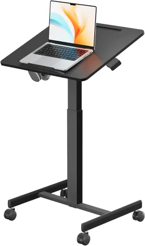 JOY worker Small Mobile Standing Desk with 90° Tiltable Desktop, 23.6" x 20.5" Adjustable Height Rolling Desk, Hook & Device Slot, 4 Lockable Wheels for Home Office, 17.6lb Capacity, Black