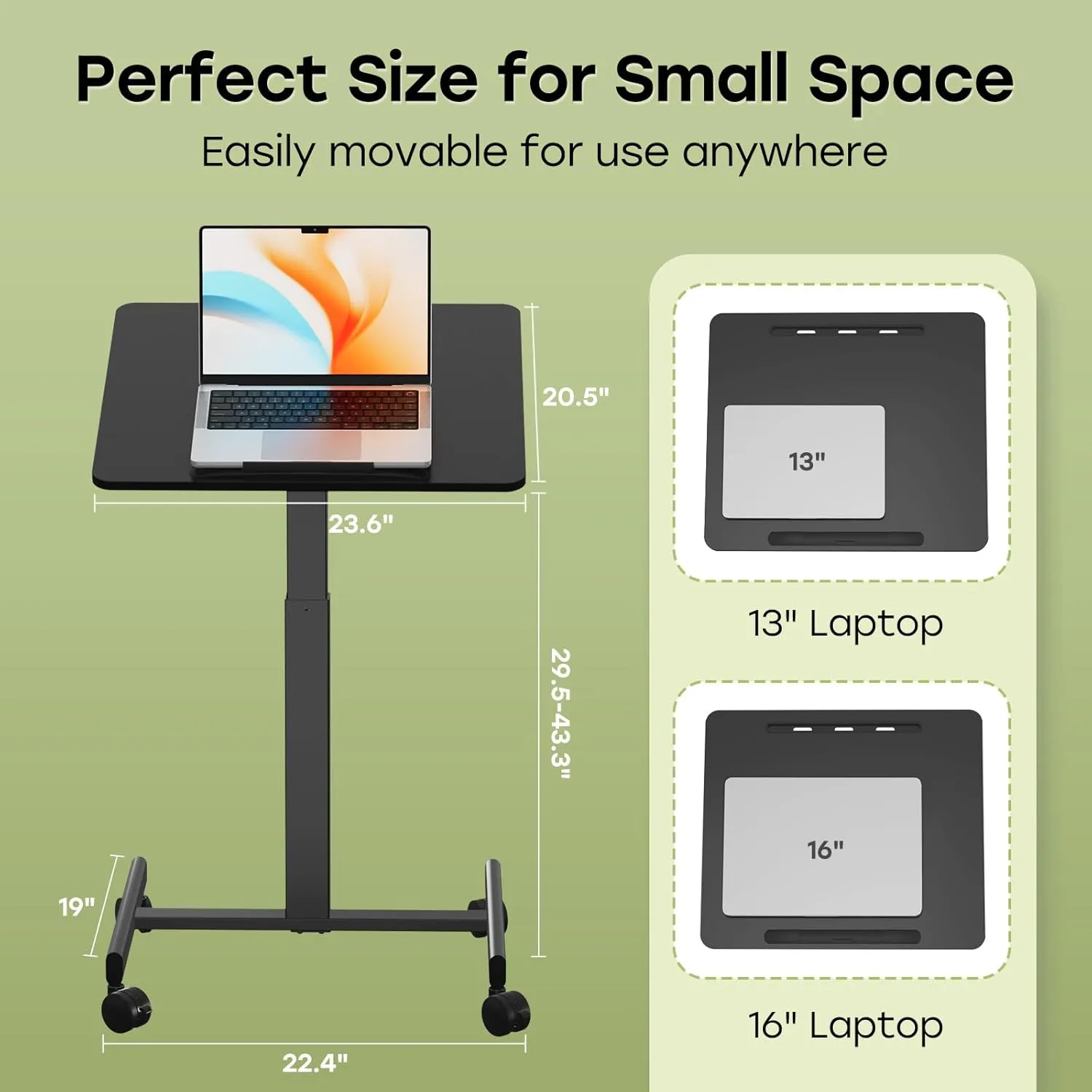 JOY worker Small Mobile Standing Desk with 90° Tiltable Desktop, 23.6" x 20.5" Adjustable Height Rolling Desk, Hook & Device Slot, 4 Lockable Wheels for Home Office, 17.6lb Capacity, Black