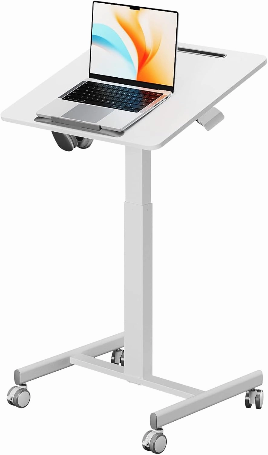 JOY worker Small Mobile Standing Desk with 90° Tiltable Desktop, 23.6" x 20.5" Adjustable Height Rolling Desk, Hook & Device Slot, 4 Lockable Wheels for Home Office, 17.6lb Capacity, White